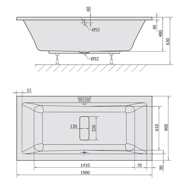 Skizze Badewanne HOMARLENE 190x90 cm