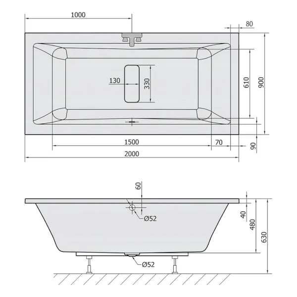 Skizze Badewanne HOMARLENE 200x90 cm