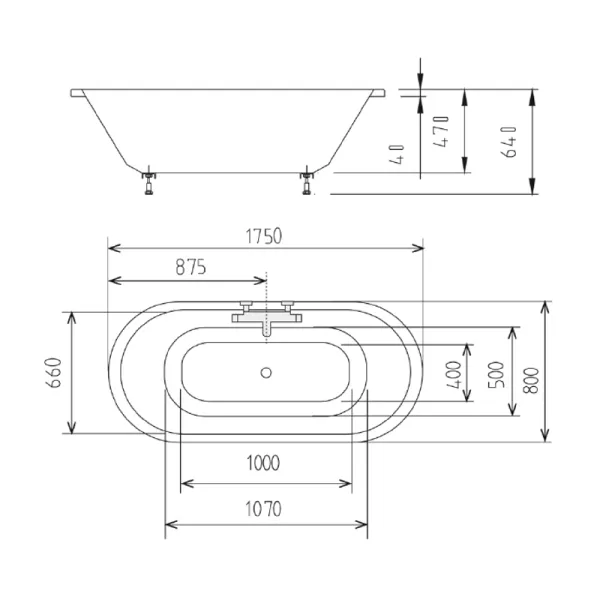 Skizze der Badewanne 175x80 HOVIVA O - Ovalbadewanne