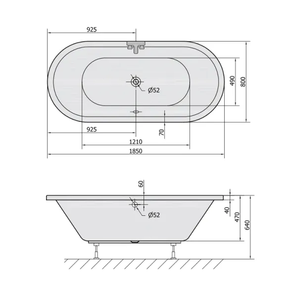 Skizze der Badewanne 180x80 HOVIVA O - Ovalbadewanne