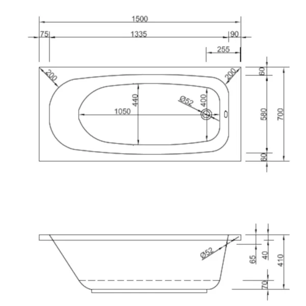 Skizze der Badewanne Korana 150x70 cm - Acryl Rechteckbadewanne