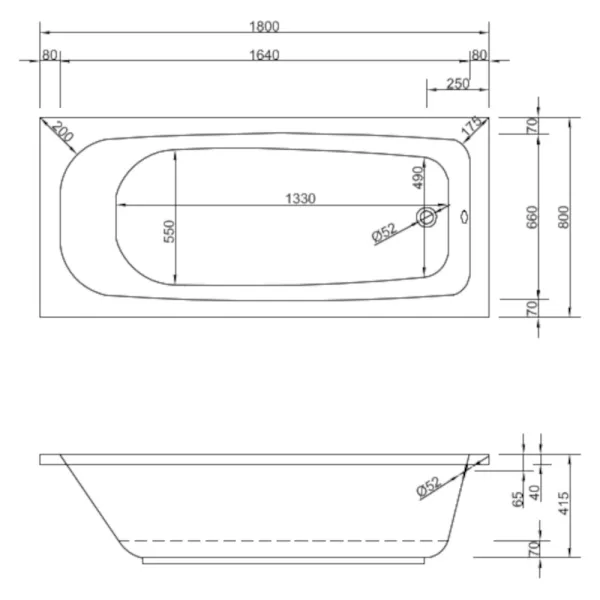 Skizze der Badewanne Korana 180x80 cm - Acryl Rechteckbadewanne