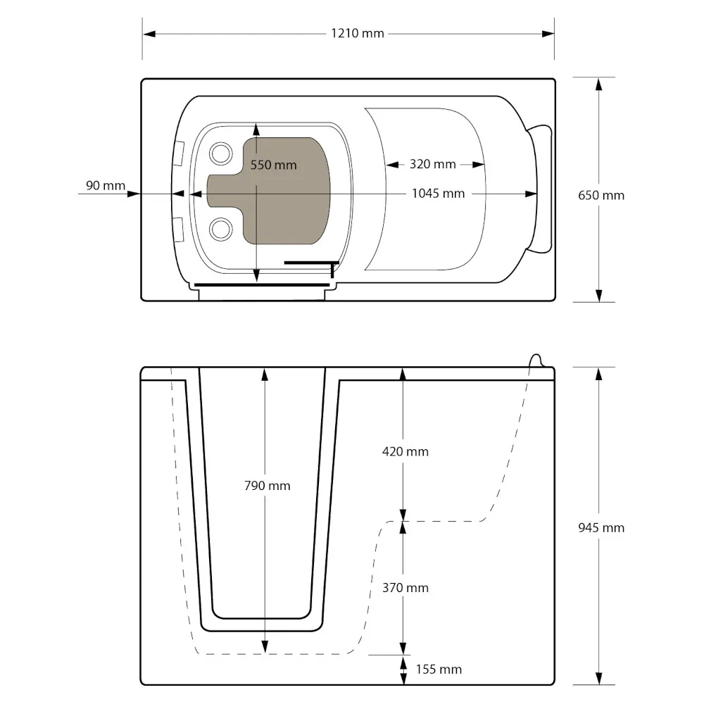 Skizze der Badewanne 1210x650 mm  / 121x65 cm HODEEP Links mit Tür inkl. Schürze und Ablauf