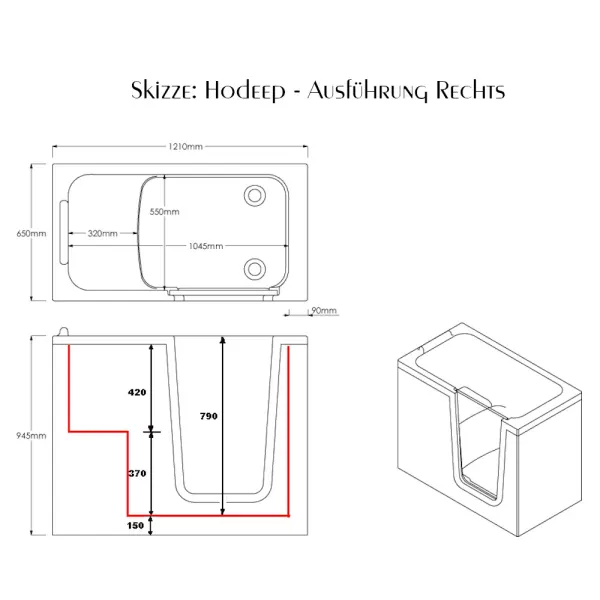 Skizze der Badewanne 1210x650 mm  / 121x65 cm HODEEP Rechts mit Tür inkl. Schürze und Ablauf