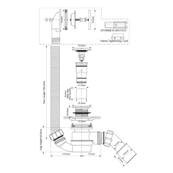 Skizze der Ablaufgarnitur der Badewanne mit Tür 140x70, 150x75, 160x75, 170x75 und 180x80 cm PAVO