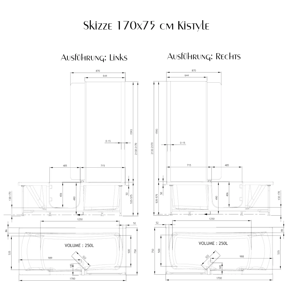 Skizze der Badewanne 170x75 cm KISTYLE mit Tür