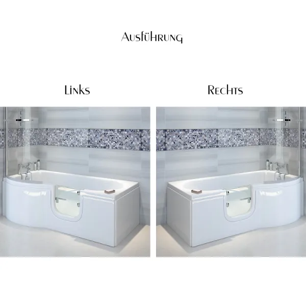 Ausführung der Badewanne mit Tür 167x85 cm HOCONCERT mit Tür inkl. Duschaufsatz, Schürze und Ablauf