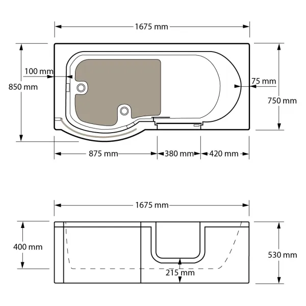 Skizze der Badewanne mit Tür 167x85 cm HOCONCERT mit Tür Links inkl. Duschaufsatz, Schürze und Ablauf