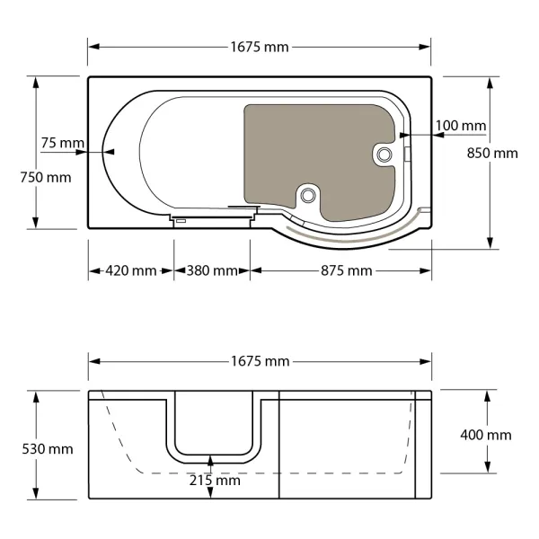 Skizze der Badewanne mit Tür 167x85 cm HOCONCERT mit Tür Rechts inkl. Duschaufsatz, Schürze und Ablauf