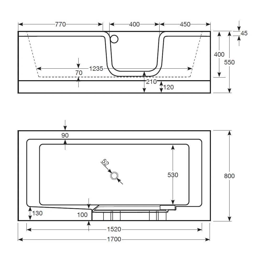 Skizze der Badewanne mit Tür 170x80 cm PUERTA
