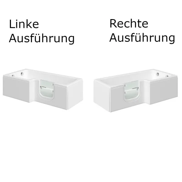 Linke und Rechte Ausführung der Badewanne 1700x850 mm  / 170x85 cm HOSOLARNA Links mit Tür inkl. Duschaufsatz, Schürze und Ablauf