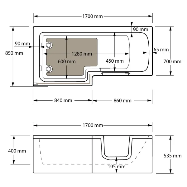 Skizze der Badewanne 1700x850 mm  / 170x85 cm HOSOLARNA Links mit Tür inkl. Duschaufsatz, Schürze und Ablauf