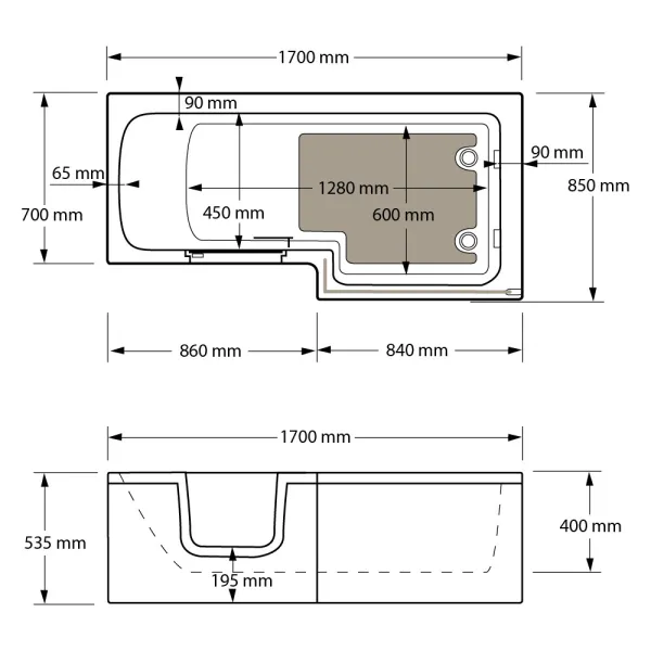 Skizze der Badewanne 1700x850 mm  / 170x85 cm HOSOLARNA Rechts mit Tür inkl. Duschaufsatz, Schürze und Ablauf