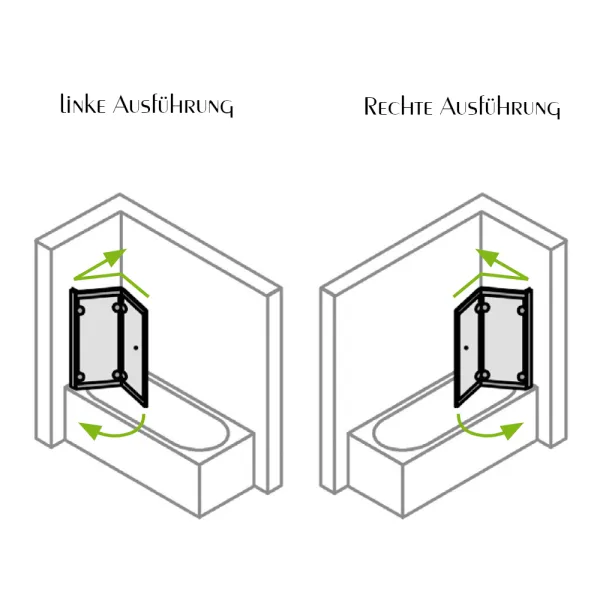 Linke und rechte Ausführung vom Badewannenaufsatz 2-teilig bis zu 120 cm lang mit Drehfalttüren