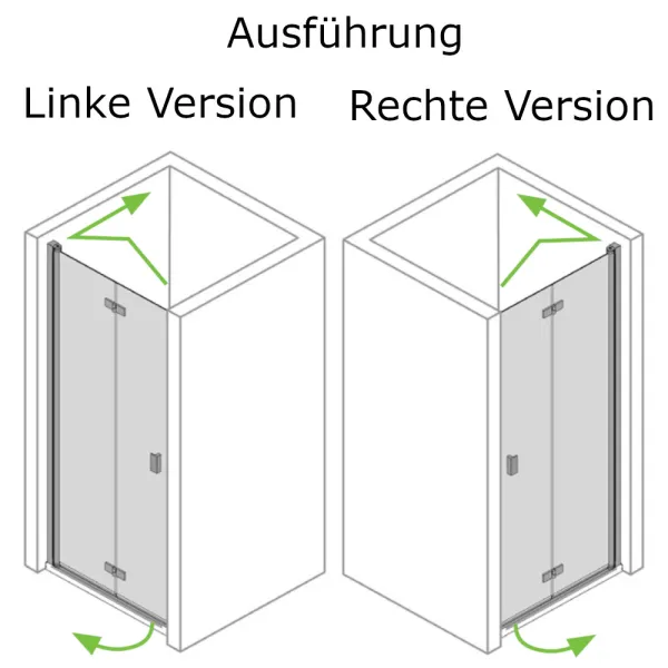 Linke und rechte Ausführung der Drehfalttür 2-teilig für Nische mit 6 mm ESG