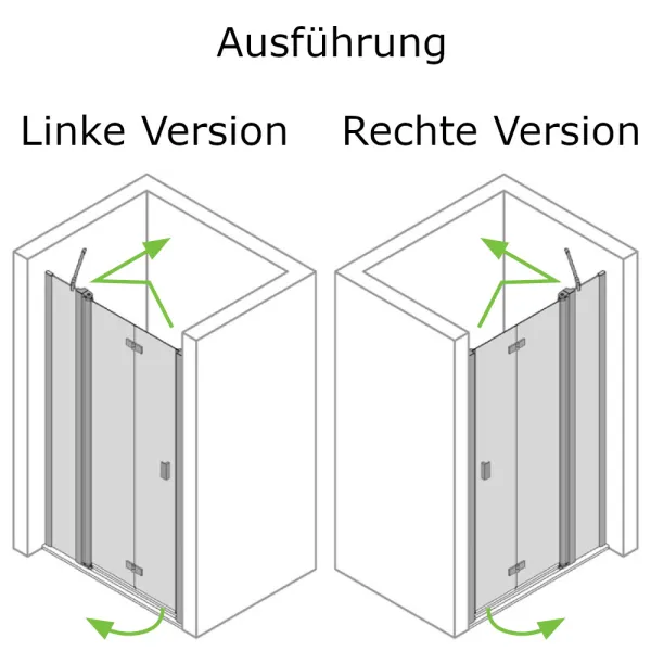 Linke und rechte Ausführung der Drehfalttür 2-teilig mit Festteil für Nische mit 6 mm ESG