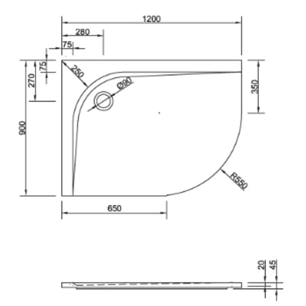 Skizze des Duschbecken 120x90 cm, R 550, links, Viertelkreis, superflach