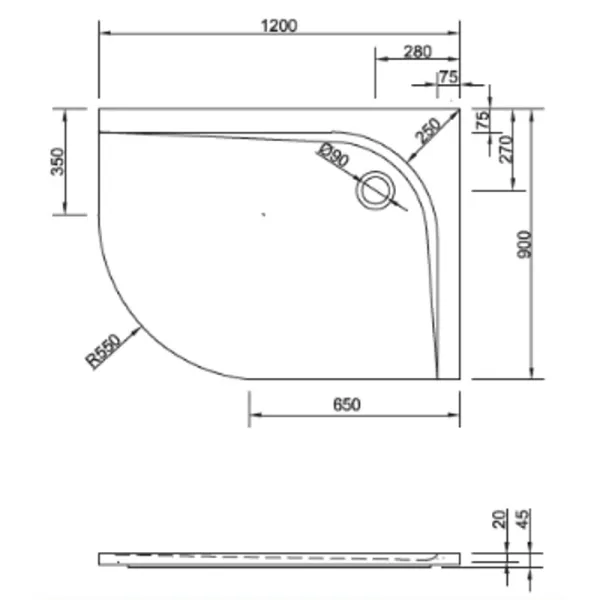 Skizze des Duschbecken 120x90 cm, R 550, rechts, Viertelkreis, superflach