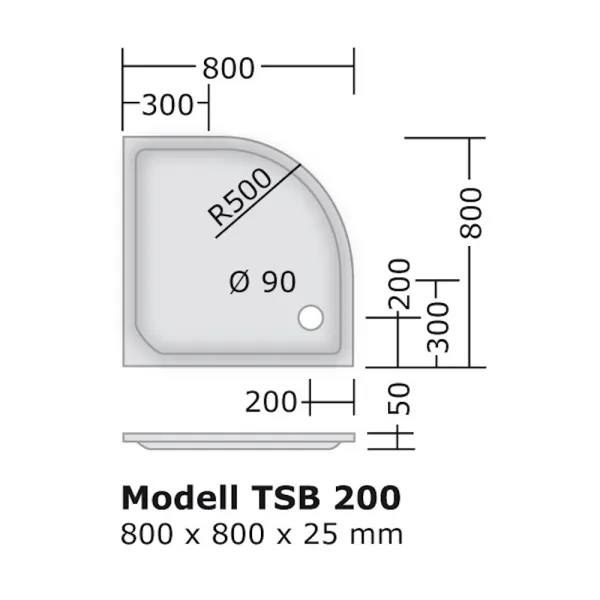 Skizze des Duschbecken 80x80 cm, R 500, Viertelkreis, superflach