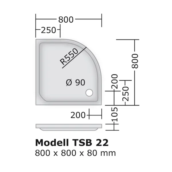 Skizze des Duschbecken 800x800x80 mm