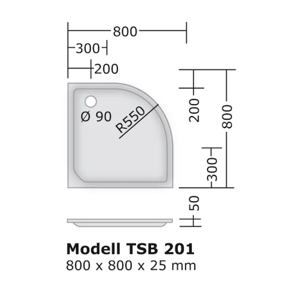 Skizze des Duschbecken 80x80 cm, R 550, Viertelkreis, superflach