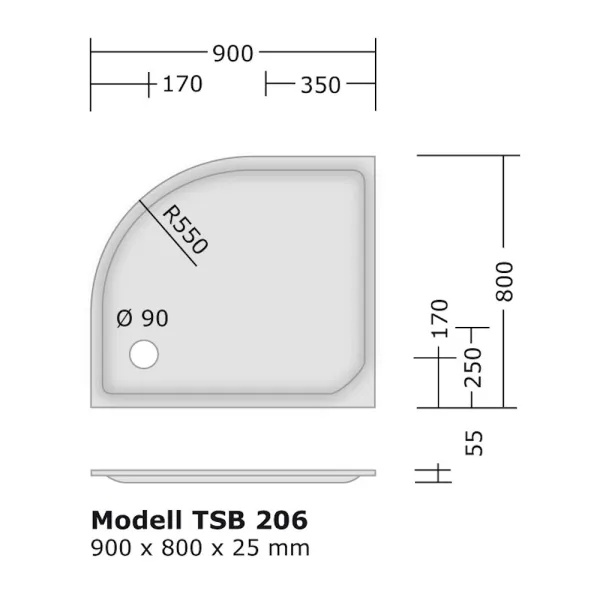 Skizze des Duschbecken 90x80 cm, R 550, links, Viertelkreis, superflach