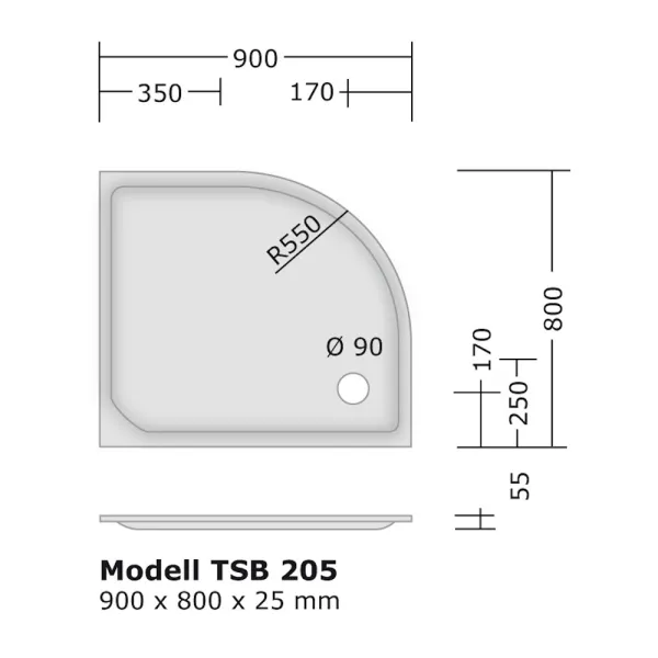 Skizze des Duschbecken 90x80 cm, R 550, rechts, Viertelkreis, superflach