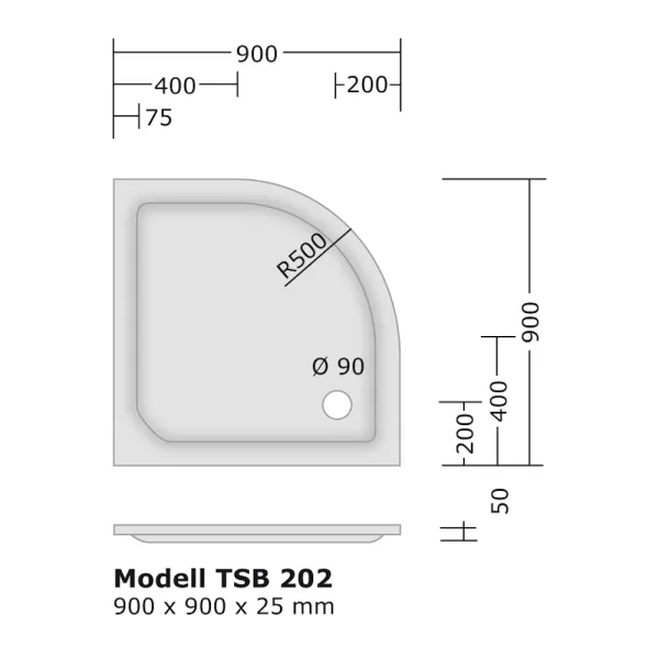 Duschbecken 900x900 mm bzw. 90x90 cm, R 500, Viertelkreis, super