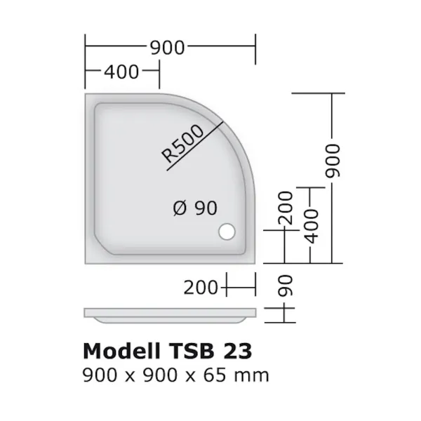 Skizze des Duschbecken 90x90 cm, R 500, Viertelkreis, flach