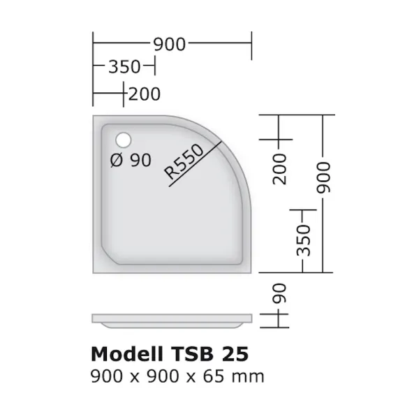 Skizze des Duschbecken 90x90 cm, R 550, Viertelkreis, flach