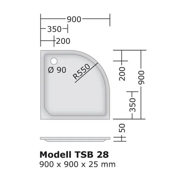 Skizze des Duschbecken 900x900x25 mm