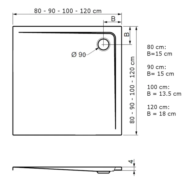 Skizze Duschbecken aus Acryl mit 2-seitigem Rand quadratisch
