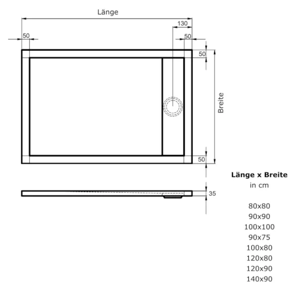 Skizze Duschbecken / Duschwanne mit integrierter Duschrinne in verschiedenen Größen