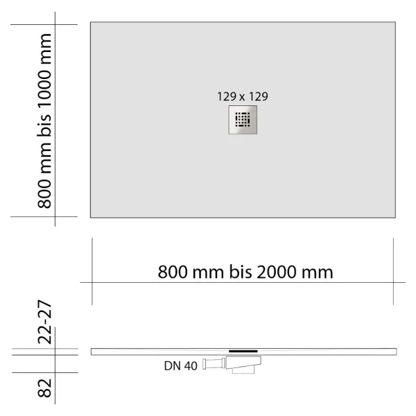 Skizze des Duschbecken aus Mineralguss mit zentralem Ablauf und ohne Wannenrand