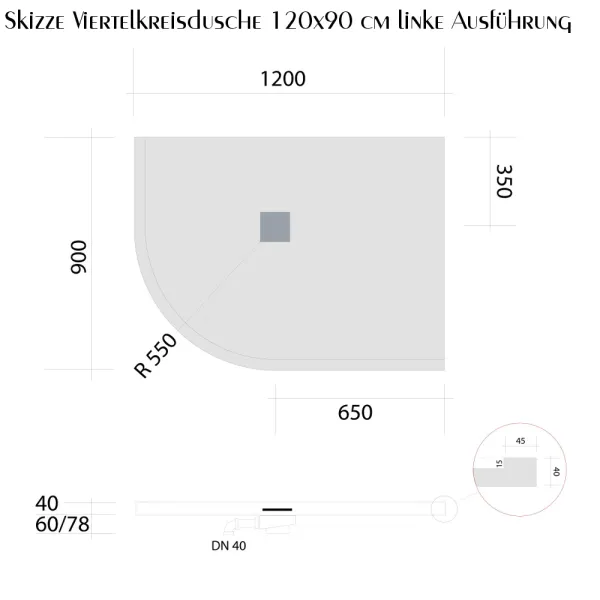 Skizze Duschbecken aus Mineralguss 120x90 cm links, Viertelkreis