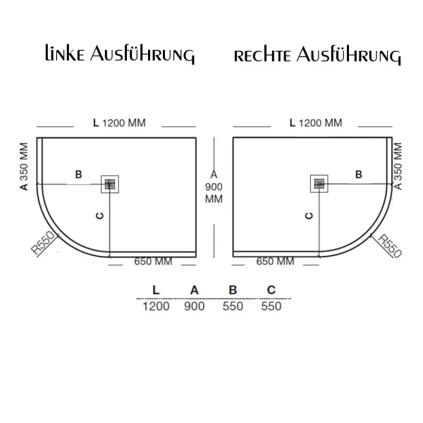 Skizze Duschbecken aus Mineralguss 120x90 cm rechts, Viertelkreis