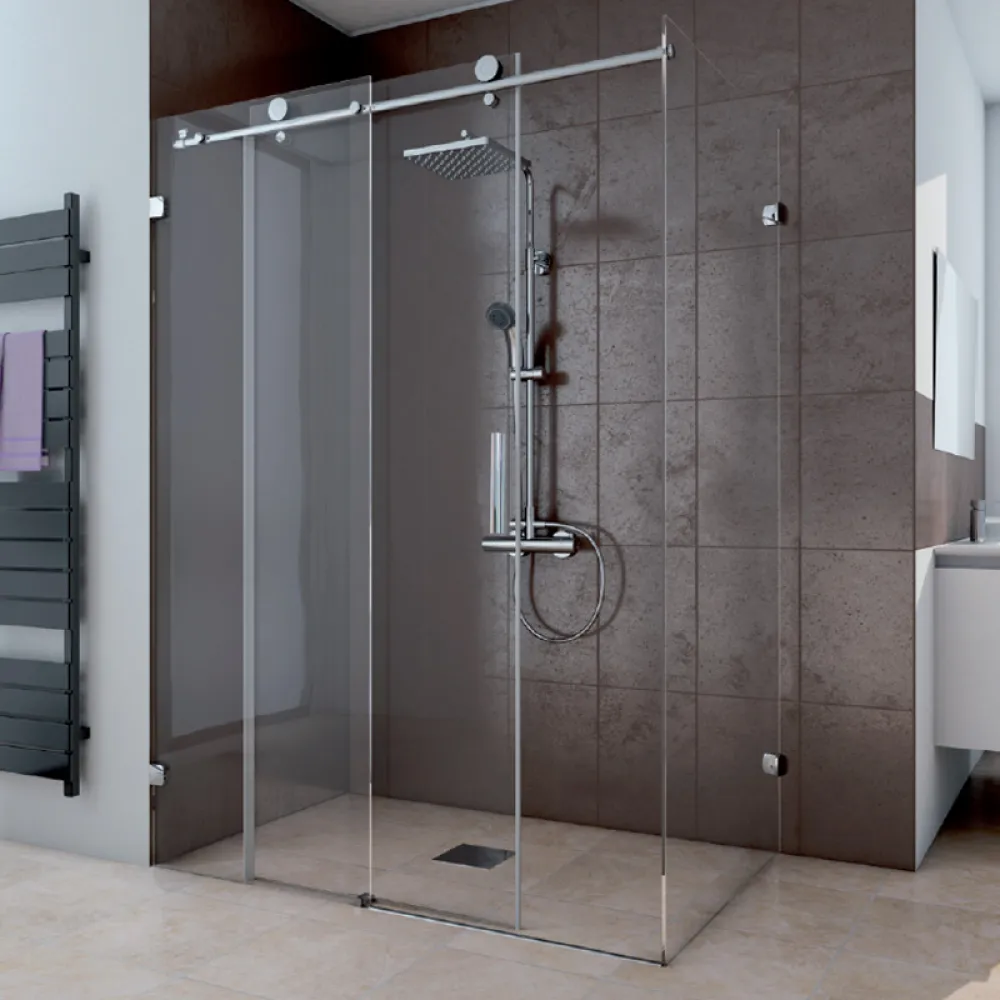 Foto der Duschtür nach Maß als Schiebetür mit fester Seitenwand für Eckeinbau mit ESG: 8 mm, alu chromeffekt