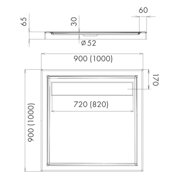 Skizze der quadratischen Duschwanne PREZZIO aus verstärktem Verbundwerkstoff