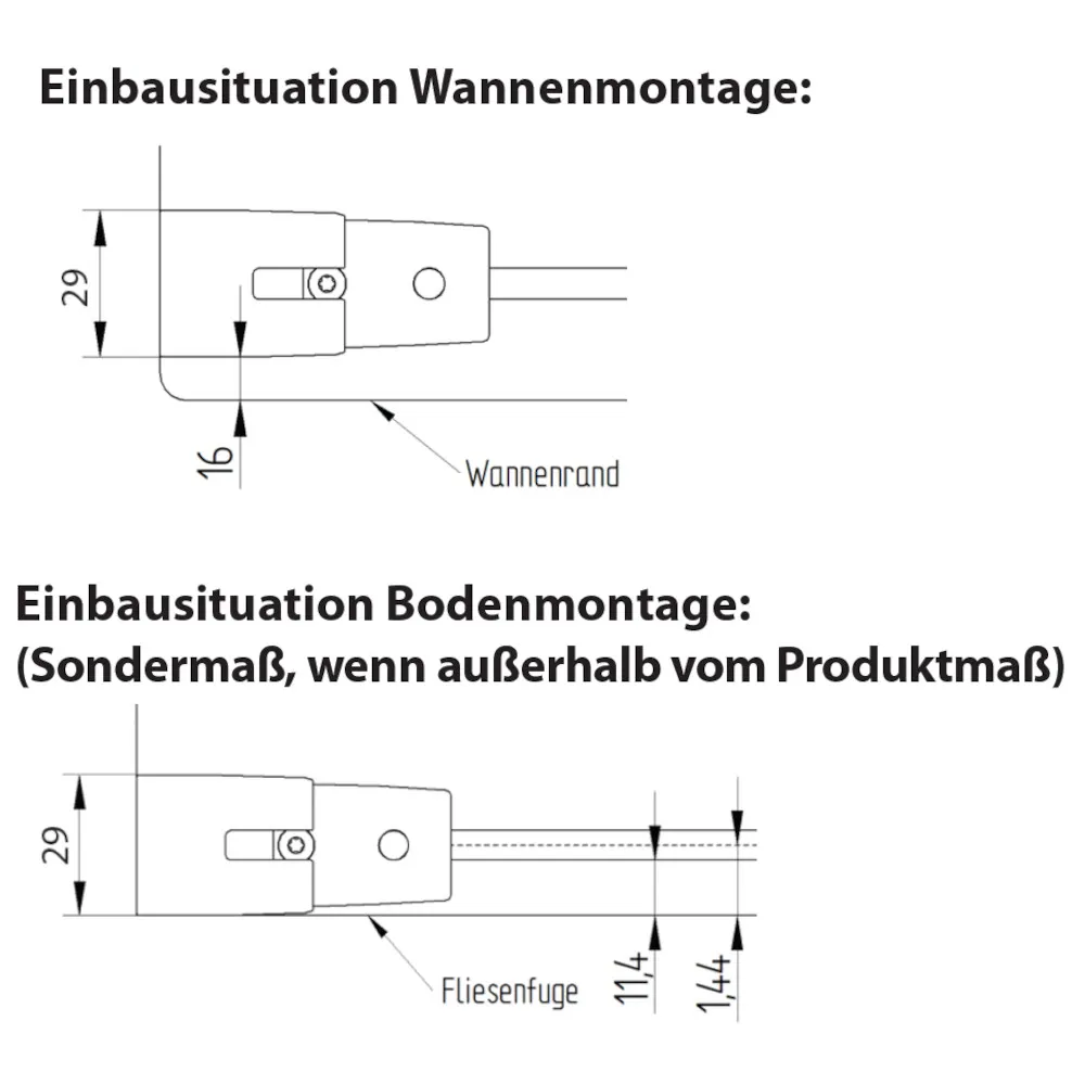 Linke und rechte Ausführung der Eckdusche mit Drehfalttür und fester Seitenwand mit 6 mm