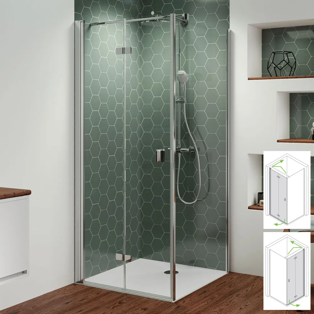 Eckdusche mit Drehfalttür und fester Seitenwand mit 6 mm