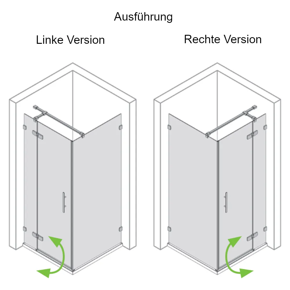 linke und rechte Ausführung der Eckdusche mit Pendeltür und fester Seitenwand, Maßanfertigung bis 160 cm, 8 mm ESG