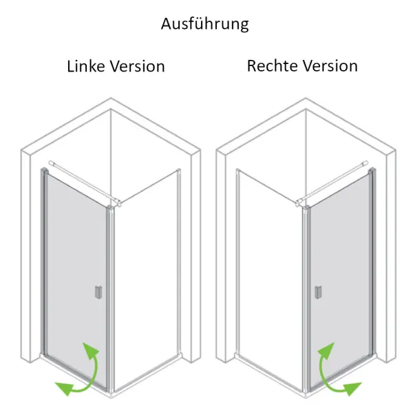 Linke und rechte Ausführung der Eckdusche mit Pendeltür und fester Seitenwand mit 6 mm ESG