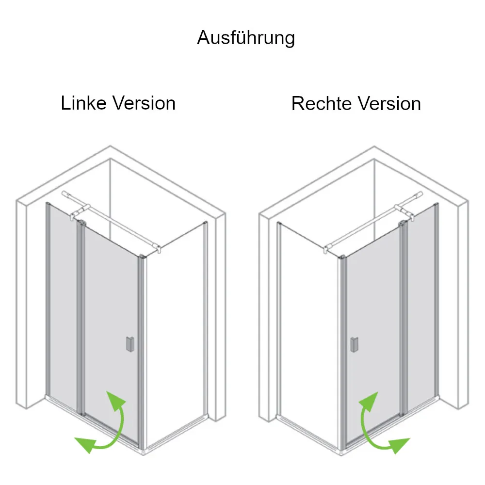 Linke und rechte Ausführung der Eckdusche mit Pendeltür und Festteil und fester Seitenwand mit 6 mm