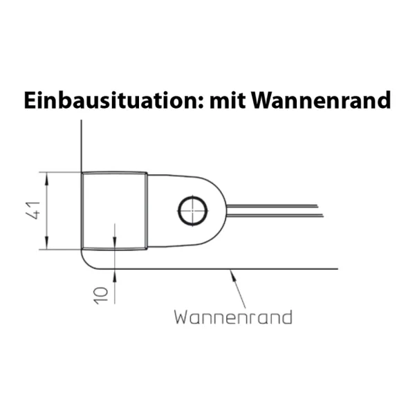 Einbausituation Wannenrand der Dusche mit Eckeinstieg über 2 Drehtüren, 6 mm ESG