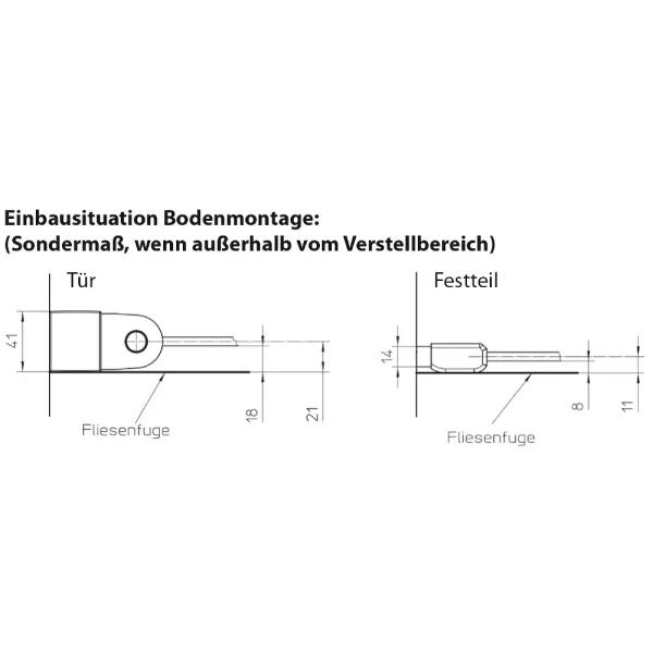 Bodenmontage des Eckeinstieg mit 2 Pendeltüren und Festteil, 6 mm ESG