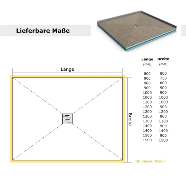 Maßskizze des extraflachen befliesbaren Duschboards, in 15 verschiedenen Größen - Komplettset