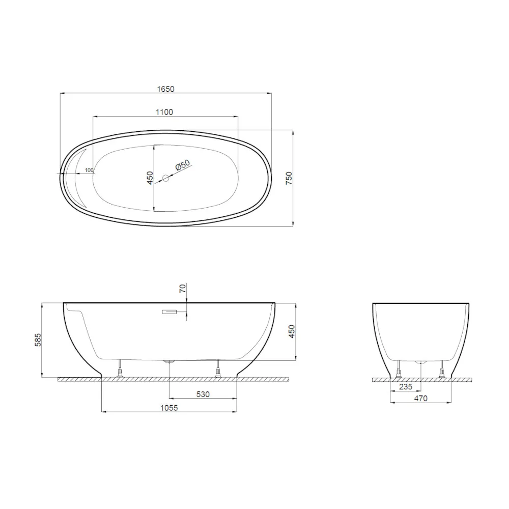 Skizze der freistehende Badewanne 160x75 KIVI