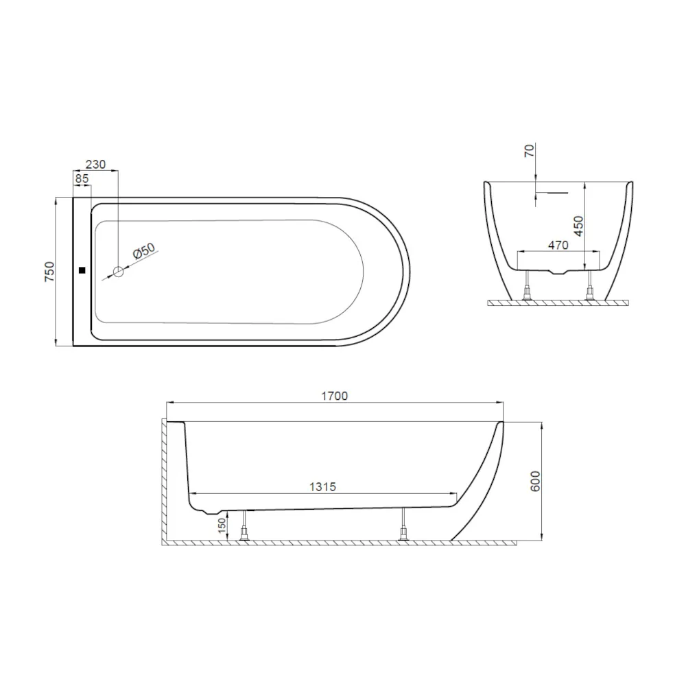 Skizze der freistehende Badewanne 170x75 MURENA