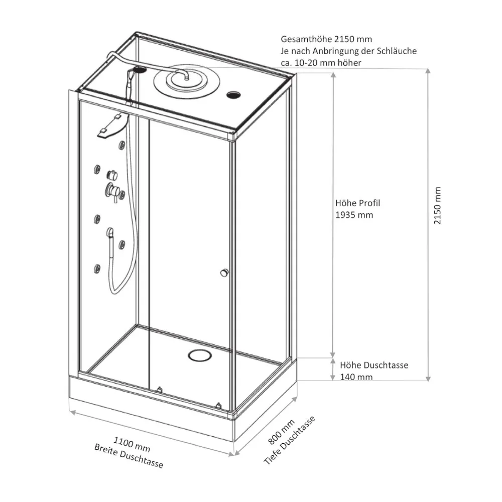 Skizze der Komplettdusche 110x80 cm mit Fronteinstieg