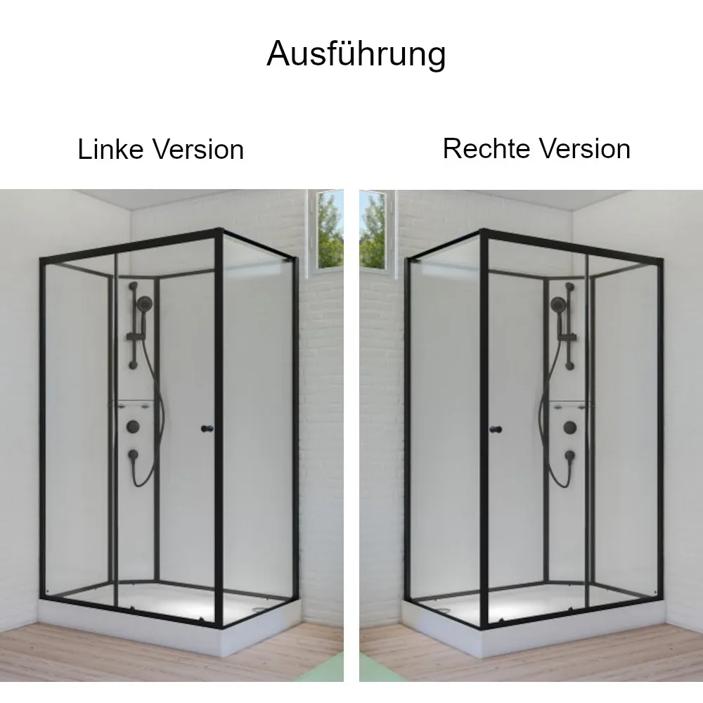 Linke und rechte Ausführung der Komplettdusche 120x80 cm und 120x90 cm mit Fronteinstieg